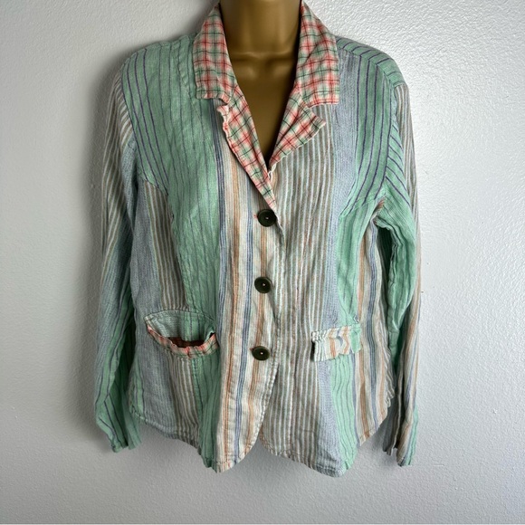 Flax Multicolored Striped 100% Linen Button Front Flap Front Pockets Blazer M? - Picture 3 of 16